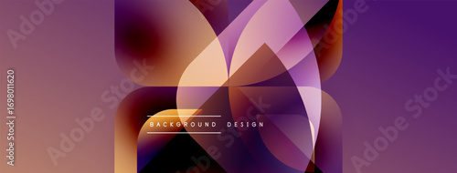 Abstract fluid shapes overlap, creating vibrant purple, brown tones. Modern design features subtle gradients, text element present.