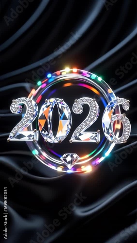 Shiny diamond-textured “2026” encircled by a vibrant multicolor light ring on a dark, wavy background, creating a luxurious and futuristic festive atmosphere.