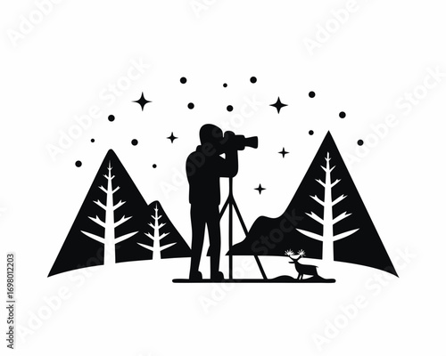 Photographer taking pictures of snowy forest and wildlife, vector illustration