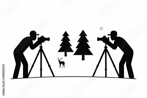 Photographer taking pictures of snowy forest and wildlife, vector illustration