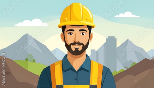 Worker in hard hat, safety gear,  rural city backdrop