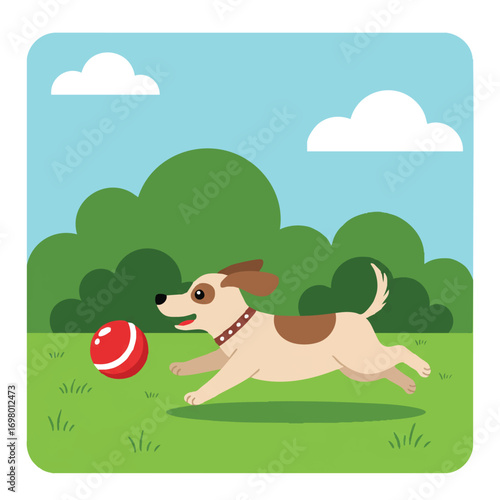 A cute playful dog enthusiastically runs through a vibrant green park, happily chasing a bright red ball in this charming flat 2D vector illustration with clean outlines and a clear blue sky.