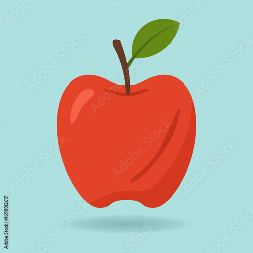 Bright red apple with leaf on blue background, ideal for health content, nutrition campaigns, wellness branding, and clean food related design themes