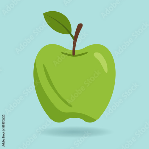 Green apple with leaf on blue background, ideal for wellness branding, nutrition content, healthy lifestyle campaigns, and clean food related design