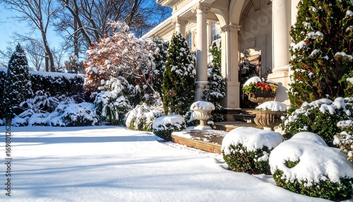 Winter Wonderland Property: A stately home, draped in a pristine blanket of fresh snow, stands as a serene winter paradise.