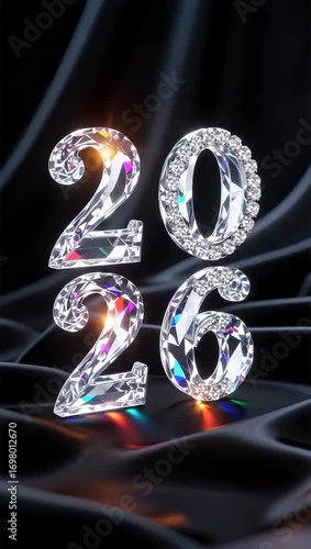 Shiny diamond-textured “2026” encircled by a vibrant multicolor light ring on a dark, wavy background, creating a luxurious and futuristic festive atmosphere.