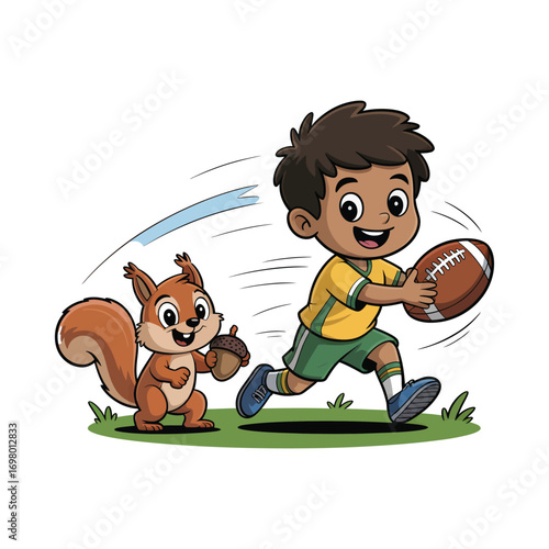 Joyful cartoon boy and his squirrel friend playing football, a concept of happy childhood