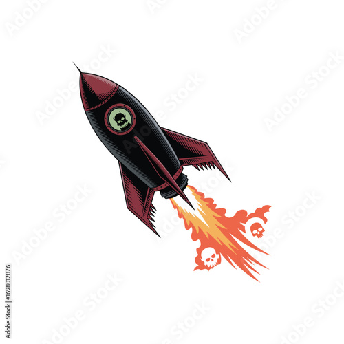 Powerful black and red rocket launching with skull-infused fiery exhaust, symbolizing dangerous speed and thrilling adventure.