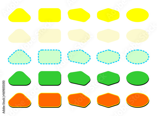 Grid of colorful shapes with varied styles including solid, outline, and shadow effects, ideal for design systems, pattern recognition, and educational content