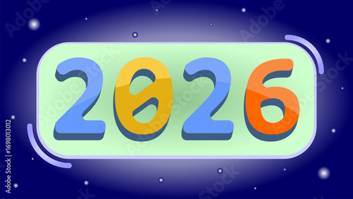 Bold 2026 design with glowing colors and cosmic background, perfect for futuristic themes and New Year celebrations