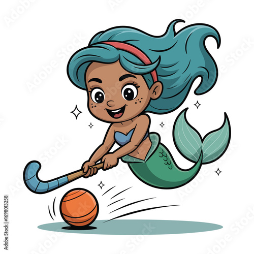Adorable Mermaid Playing Field Hockey Cute Cartoon Illustration