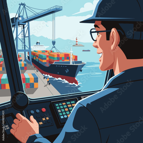 Port Authority Crane Operator Controls Cargo Ship