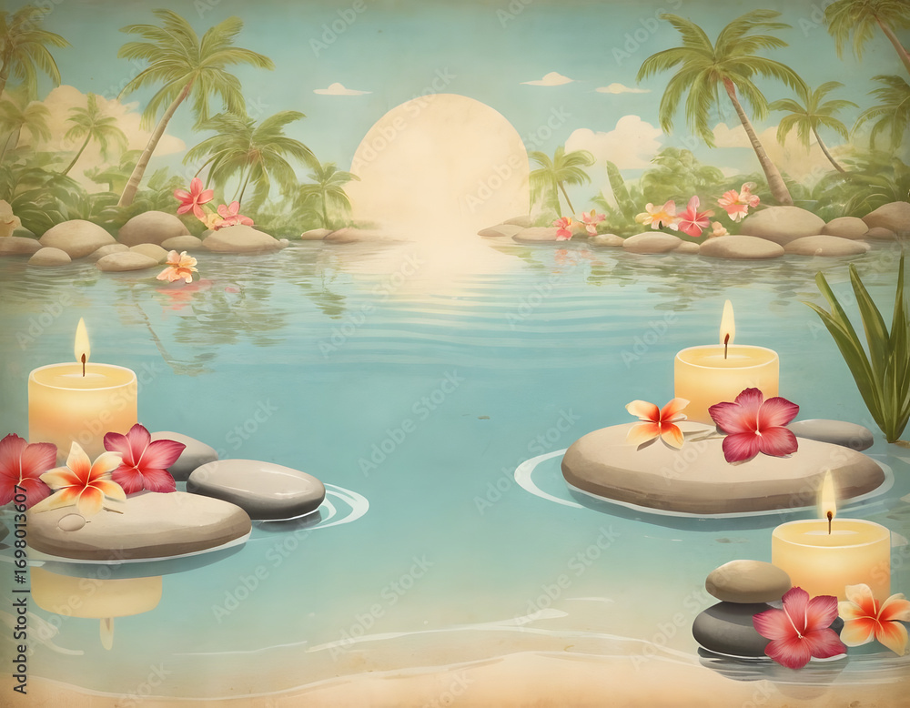 Obraz premium Minimalist spa flat lay with candles, tropical leaves, smooth stones, and essential oil bottles on beige background. Perfect for beauty, wellness, relaxation, self-care, and health advertising.