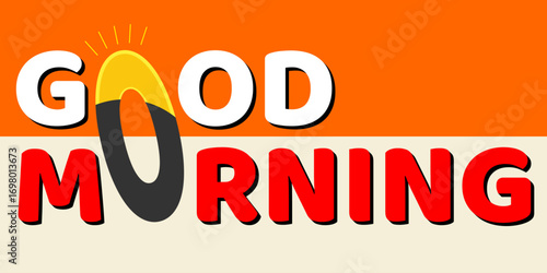 Creative GOOD MORNING text with sunrise themed letter design on beige background, perfect for greeting cards, wellness content, and motivational branding.