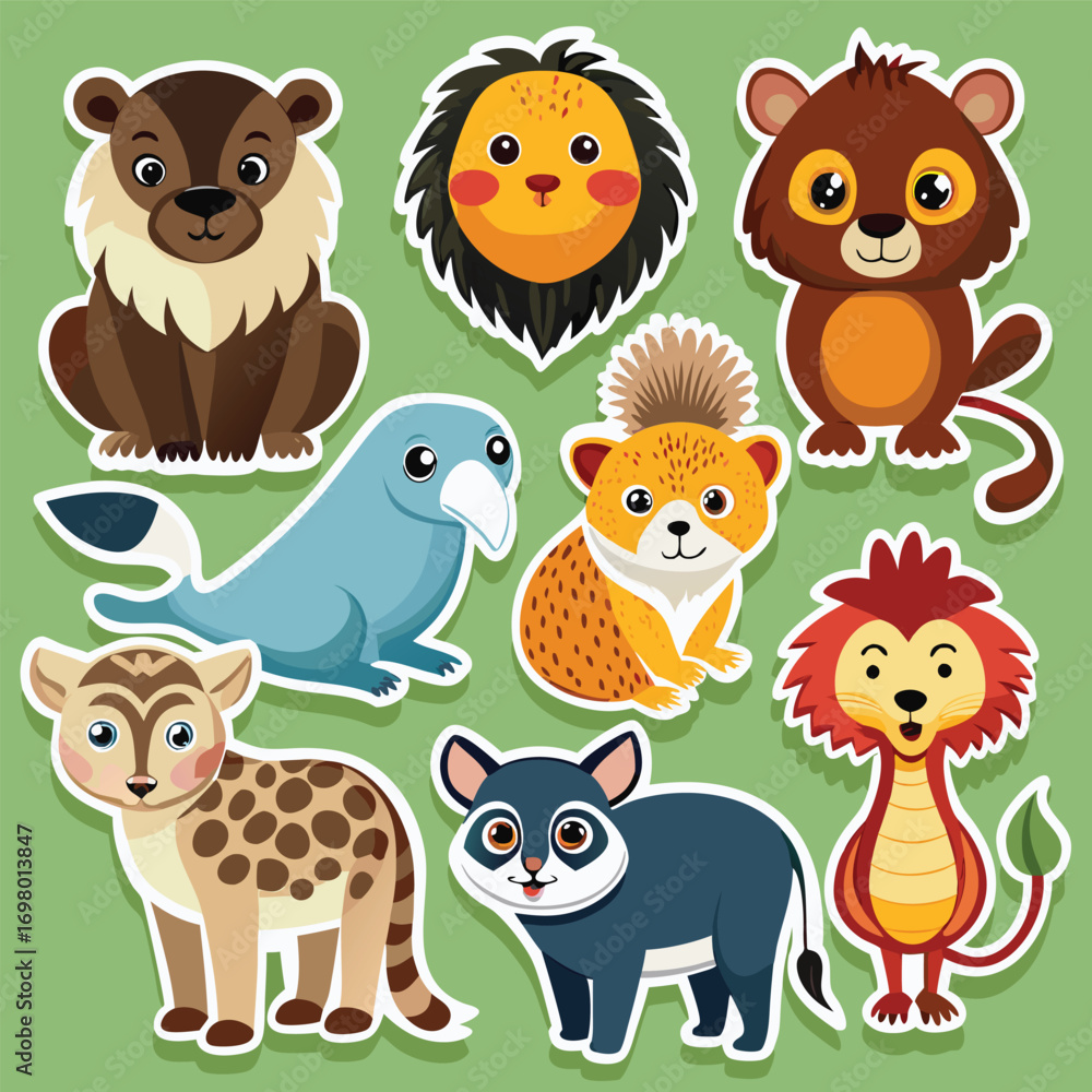 Naklejka premium Cute cartoon animals stickers set for kids education