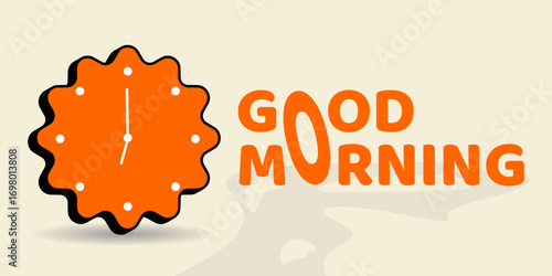 Orange clock showing six o clock with bold GOOD MORNING text on beige background, perfect for morning greetings, wellness branding, and daily motivation themes.