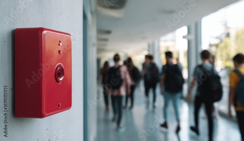 Red fire alarm button in school hallway