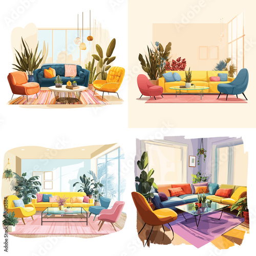 Vector art of four colorful midcentury modern living room illustrations