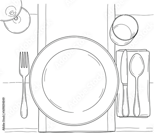 Vector art of table setting with plate, cutlery, and glass line art drawing
