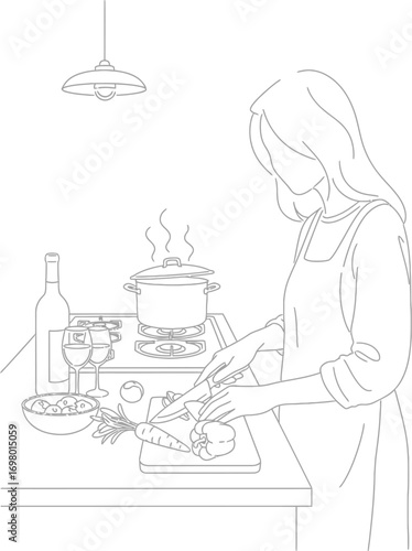 Vector art of woman preparing food in the kitchen with wine