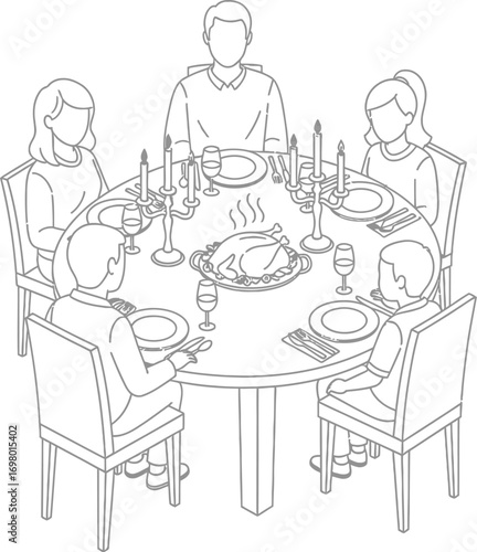 Illustration of a family having dinner at a round table