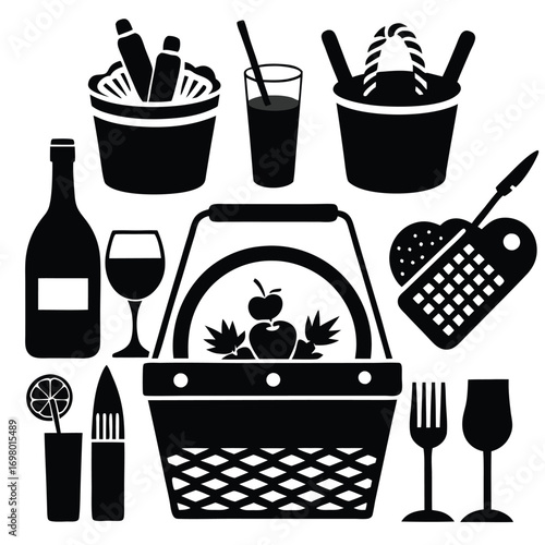 Picnic and Outdoor Dining Essentials Icon Set - Food, Drink, and Utensils