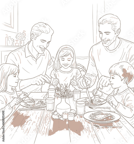 Illustration of a family eating dinner together at the dining table