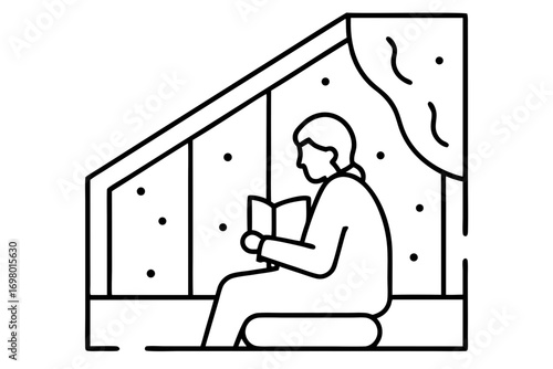 line art Person sitting on window seat with blanket, reading book while snow falling outside, vector illustration