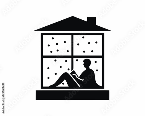Person sitting on window seat with blanket, reading book while snow falling outside, vector illustration