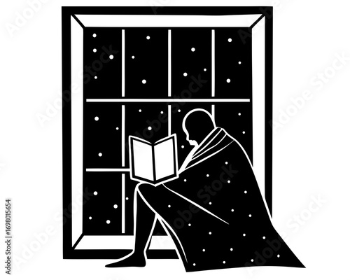 Person sitting on window seat with blanket, reading book while snow falling outside, vector illustration