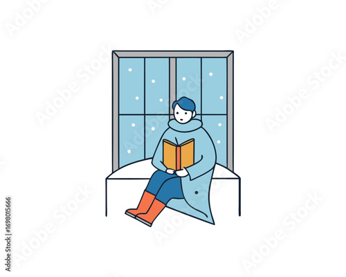 Person sitting on window seat with blanket, reading book while snow falling outside, vector illustration