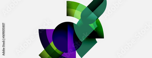 Abstract composition featuring overlapping colorful shapes. Greens, purples dominate design, creating dynamic visual effect. Modern, minimalist aesthetic.