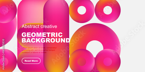 Vibrant geometric shapes overlap, creating dynamic abstract background. Text promotes creative design, inviting further exploration.