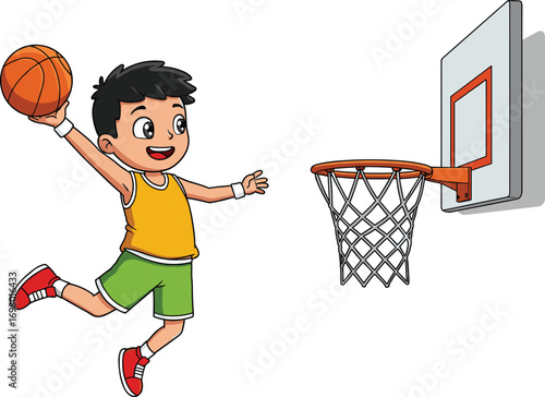 Cartoon boy basketball dunk, kid in yellow jersey, slam dunk jump, fun sports action, happy athlete, hoop play moment