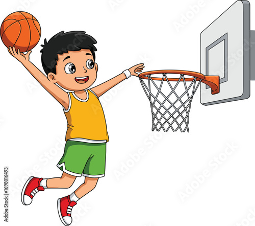 Cartoon boy basketball dunk, kid in yellow jersey, slam dunk jump, fun sports action, happy athlete, hoop play moment