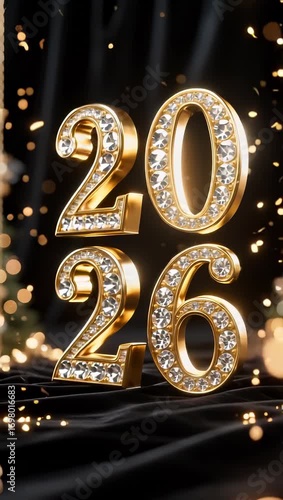 Golden “2026” with diamond sparkle on black background, surrounded by glitter and confetti, creating a luxurious and festive New Year celebration atmosphere.