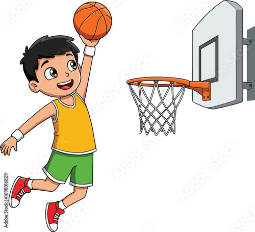 Cartoon boy basketball dunk, kid in yellow jersey, slam dunk jump, fun sports action, happy athlete, hoop play moment