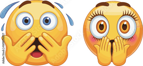 Surprised shocked emoji characters, male and female expressions, covering mouth, emotional reactions, cartoon faces, isolated vector illustration