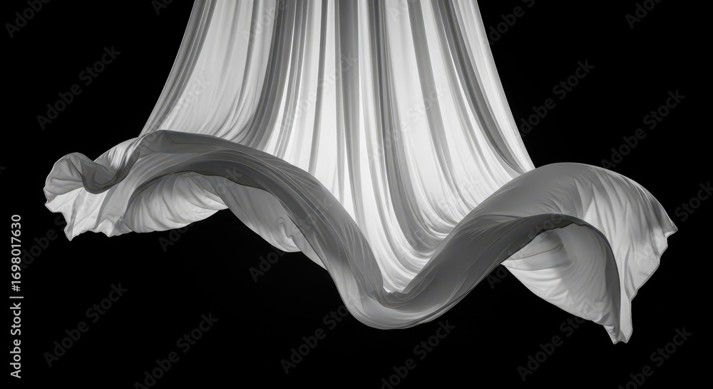 Fototapeta premium Elegant White Fabric Flowing Against Black Background