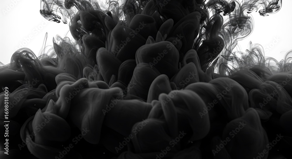 Obraz premium Closeup of black ink dispersing in clear liquid, creating voluminous, cloudlike formations with delicate wisps, isolated on a bright white background for versatile creative applications