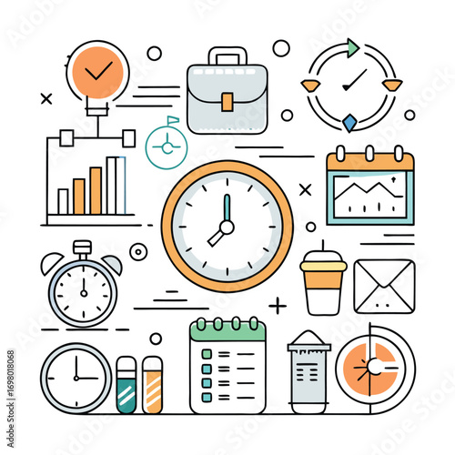 A detailed illustration featuring various time management and business-related icons, representing productivity.