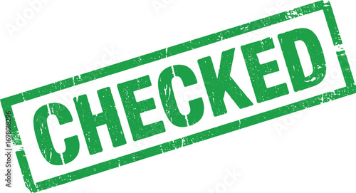 green checked stamp with grunge texture on transparent background