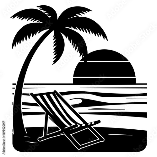 A tropical beach scene at sunset, featuring a palm tree and a lounge chair, evoking a sense of relaxation and vacation