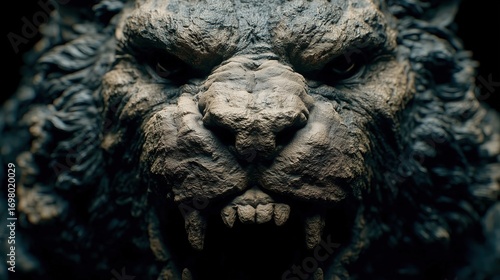 Fierce Beast Head Sculpture with Rugged Stone Texture