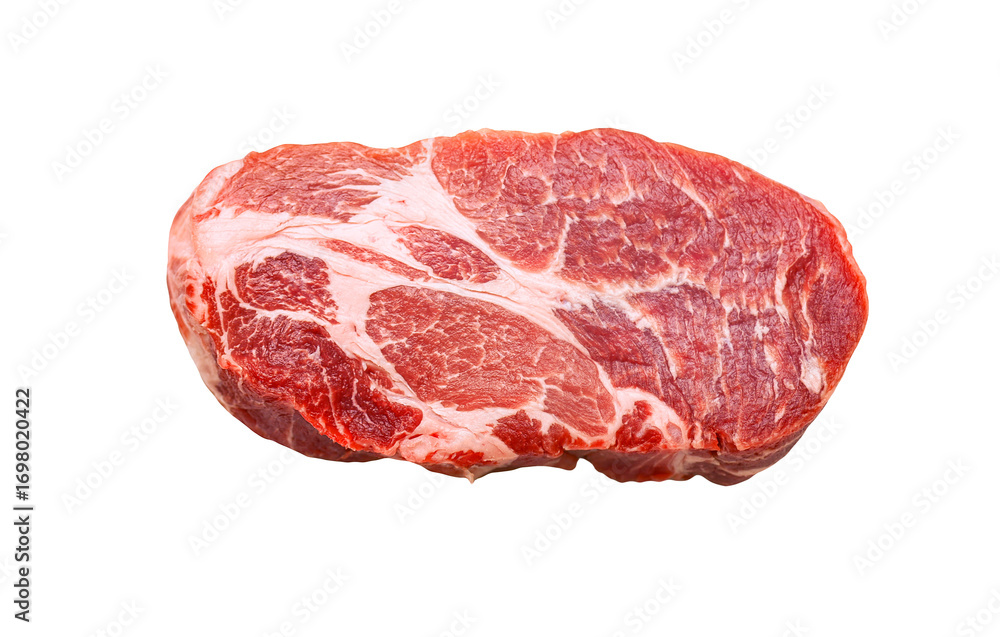 Fototapeta premium Slice of pork meat with fat isolated on white, top view, clipping path, PNG
