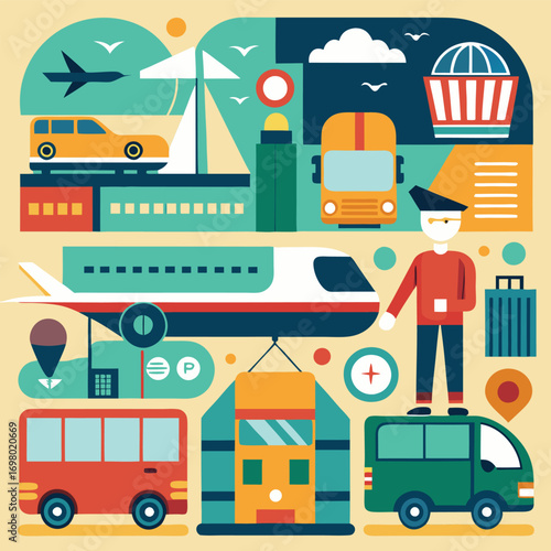 Colorful illustration of various modes of transportation and a conductor.