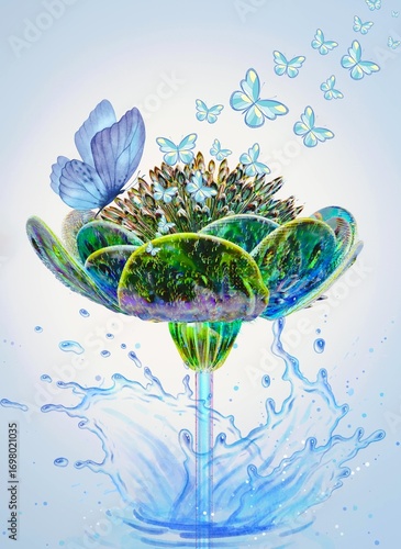 Beautiful stylized flower with butterflies and splash of water art illustration