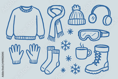 Winter clothing and accessories minimalist sketch vector illustration