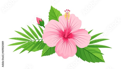 Pink hibiscus flower with tropical leaves