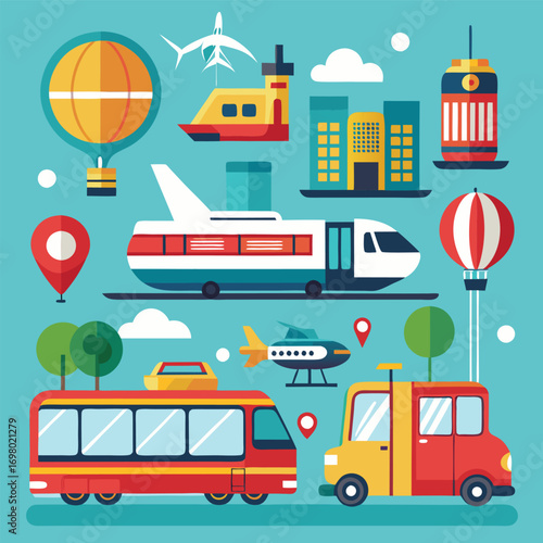 A collection of various transportation methods and travel icons in a flat design style.